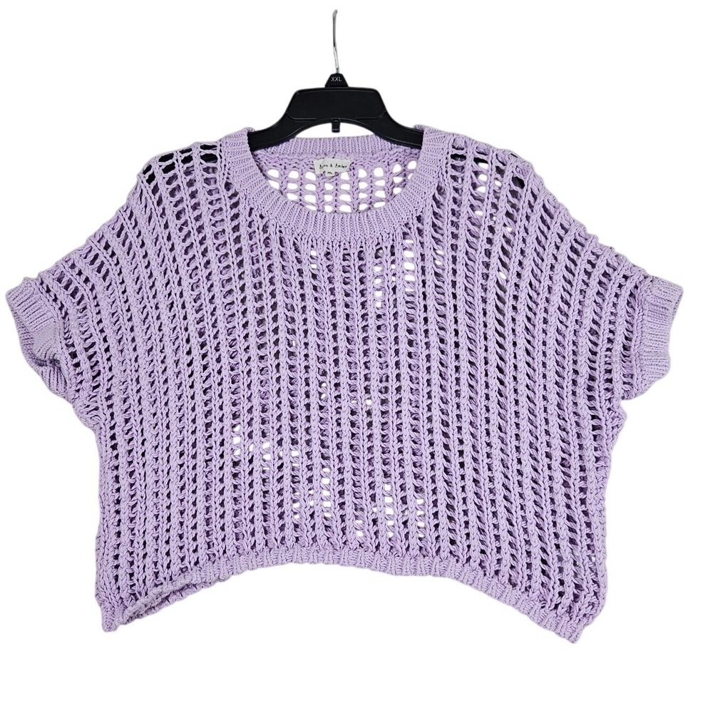 Aaron & Amber Open Knit Sweater Lavender Purple Cotton Boho Boxy Medium Crochet